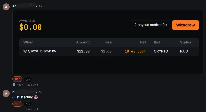 Withdraw balance, payout paid in USDT