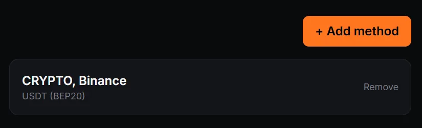 Crypto payout method, USDT on Binance