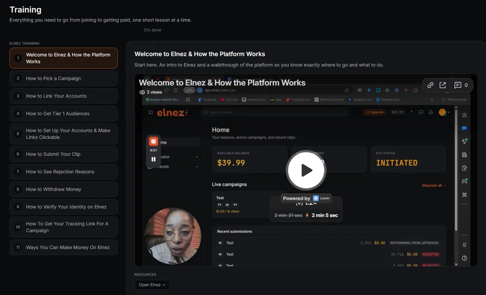 Elnez training lessons dashboard